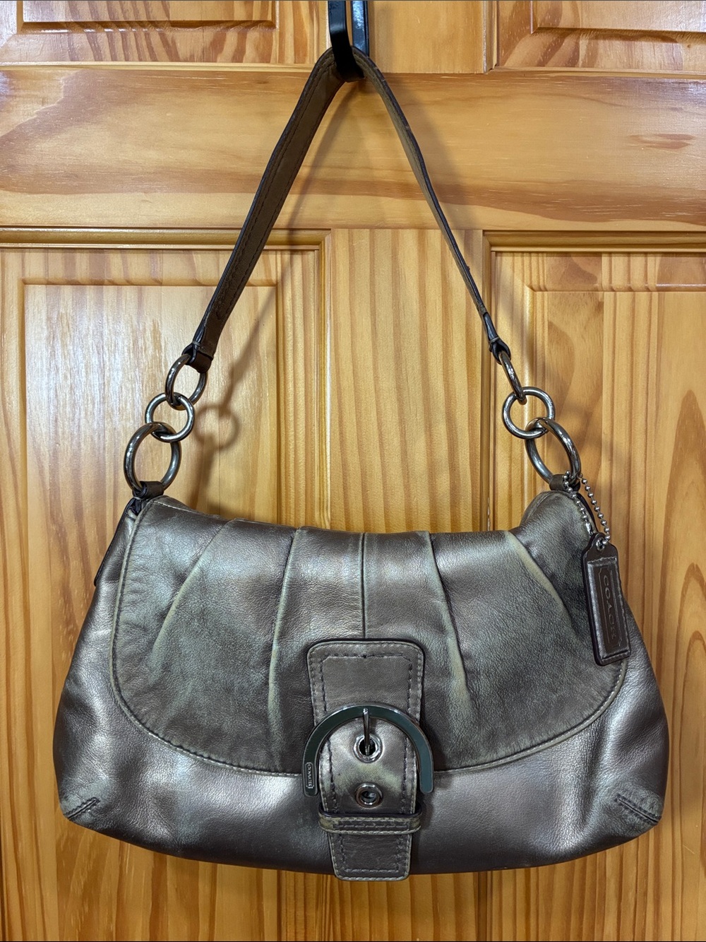 Coach Metallic Taupe Leather Shoulder Bag with Buckle Accent